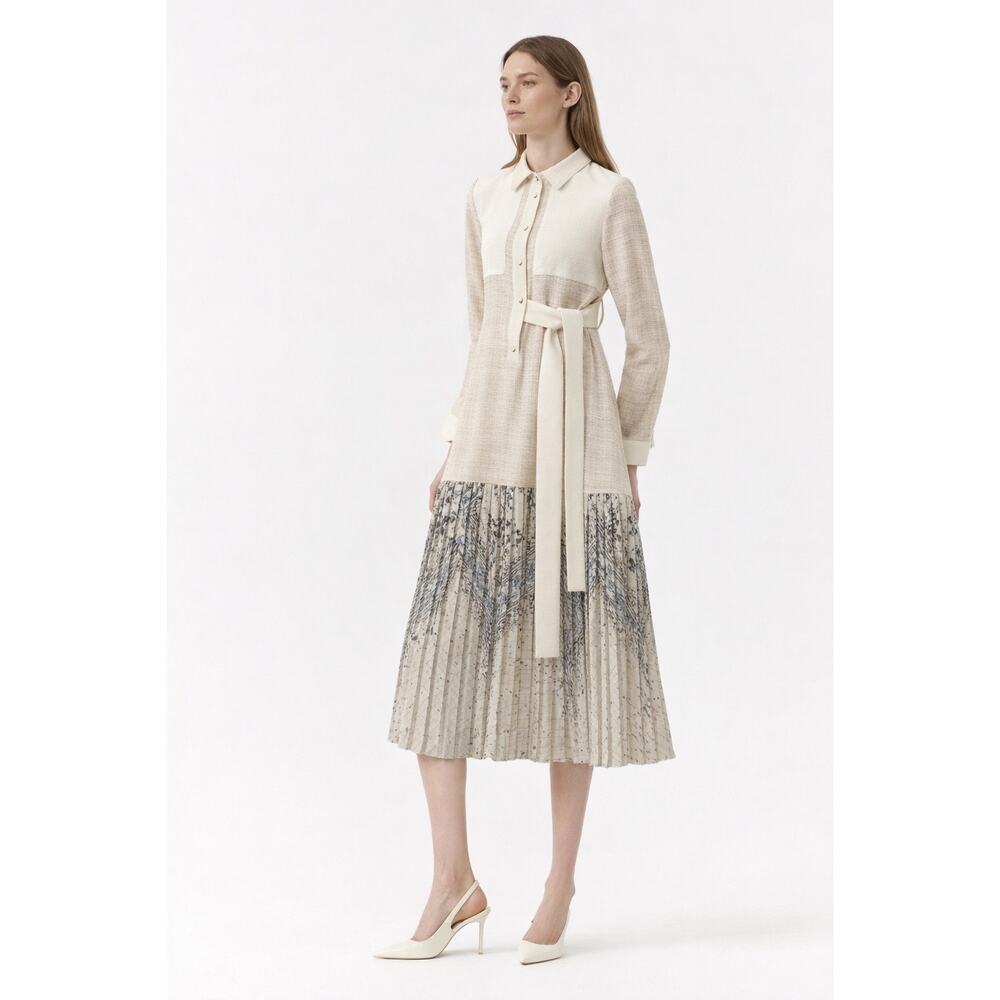 NNA Enjoy Cream Textured belted Midi Dress Pleated Skirt Made in Korea medium